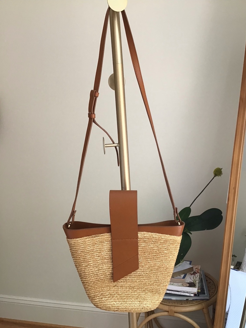 Leather-Trim Straw Bucket Crossbody Bag in Tan - Picture 4 of 11